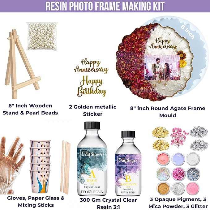 Craftinger Resin Art Photoframe Kit With 300gm Resin & Wooden Stand Acrelic Sticker of Happy Birthday and Happy Anniversary