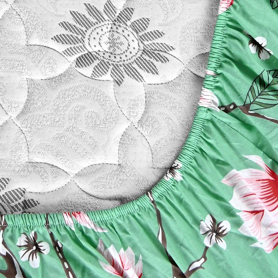 Divine Casa Floret 100% Cotton King Fitted Bedsheet 144 TC Deep Pocket Design Soft & Breathable Fabric Colour Blossom Haven Mint