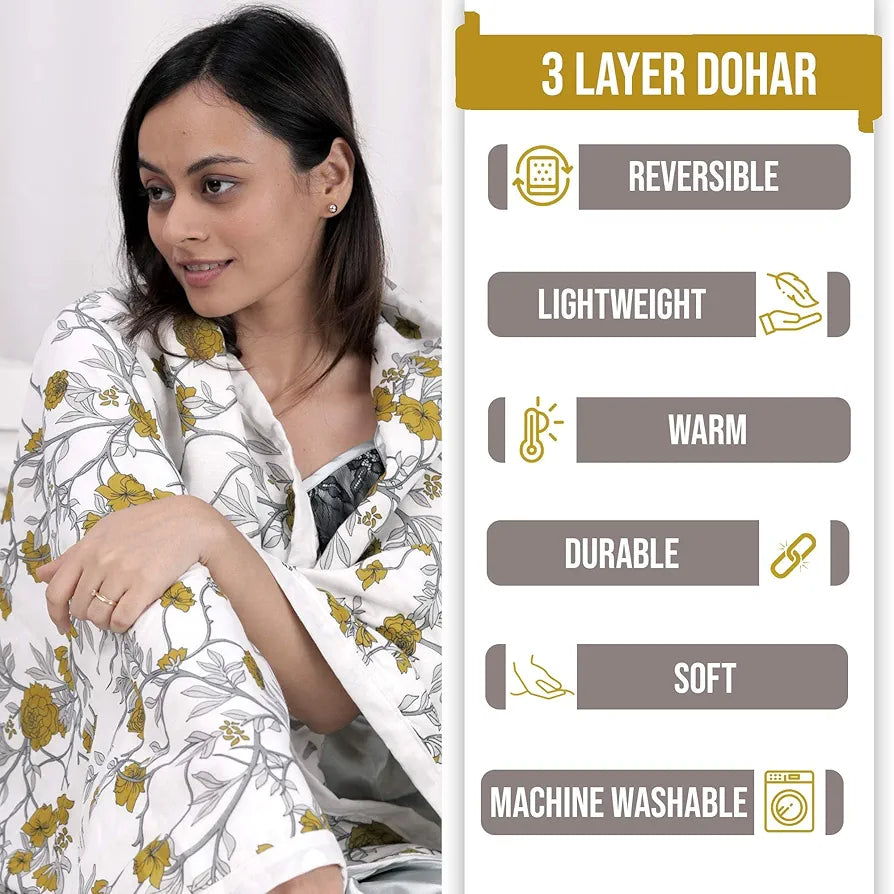 Divine Casa 120 GSM Cotton Dohar Single Bed Cotton AC Blanket Reversible Soft Light-Weight Bed Blanket TC - 120 Colour Honey Mustard