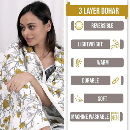 Divine Casa 120 GSM Cotton Dohar Single Bed Cotton AC Blanket Reversible Soft Light-Weight Bed Blanket TC - 120 Colour Honey Mustard