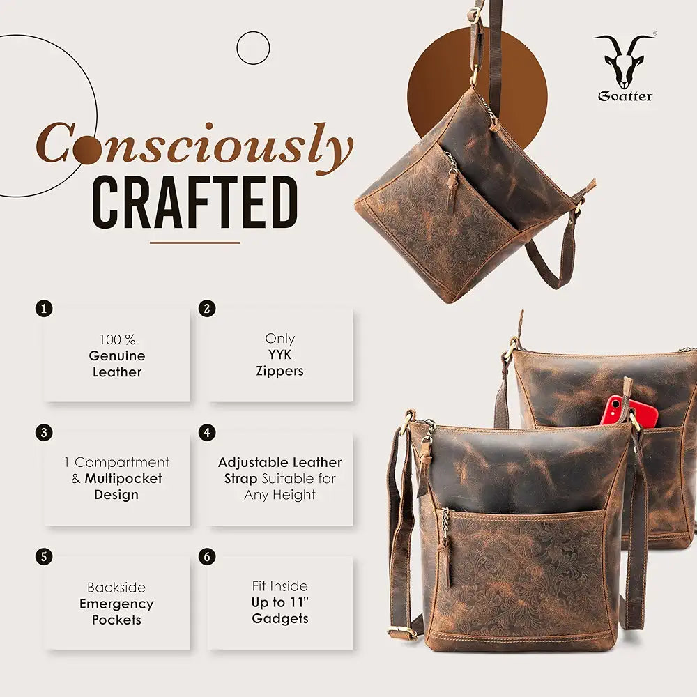 Goatter Hunter Leather 11" Inch Sling Cross-BodyBag/Shoulder Bag for Girls And Women