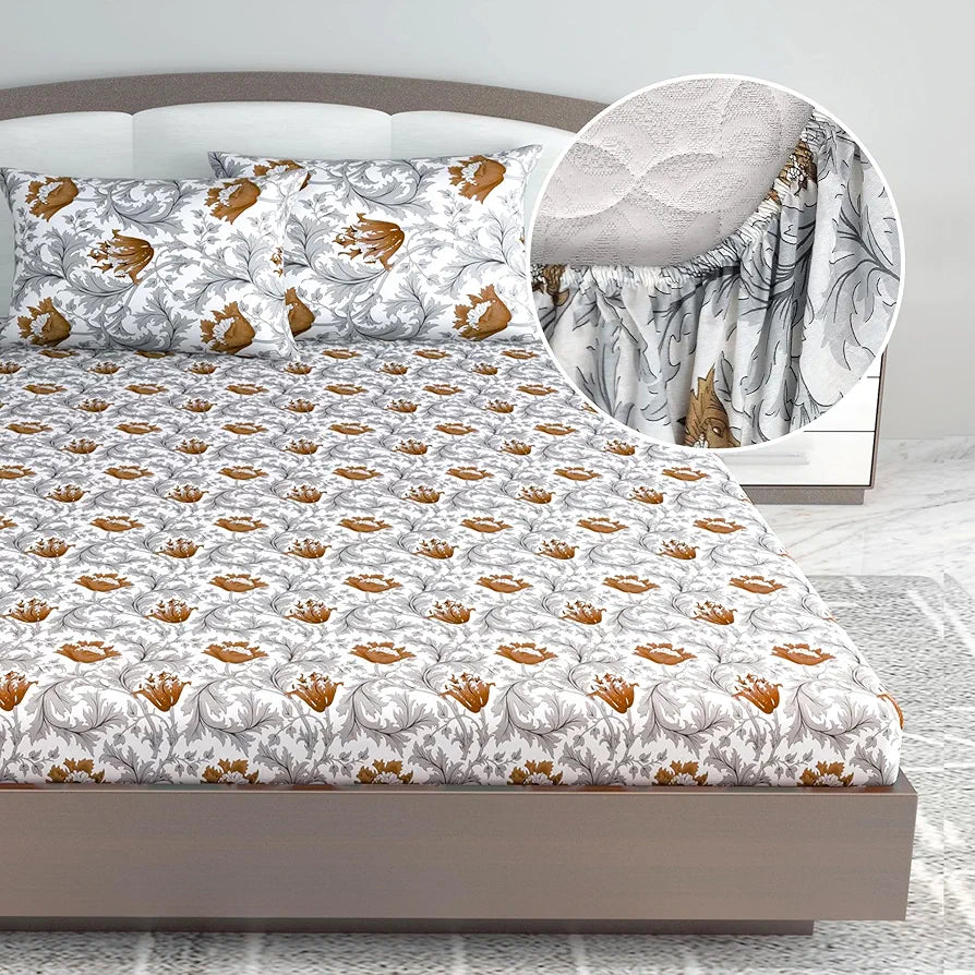 Divine Casa 144 TC Floral Print Brown Skin Friendly 100% Cotton Fitted Bedsheets King Size Colour Biscuit
