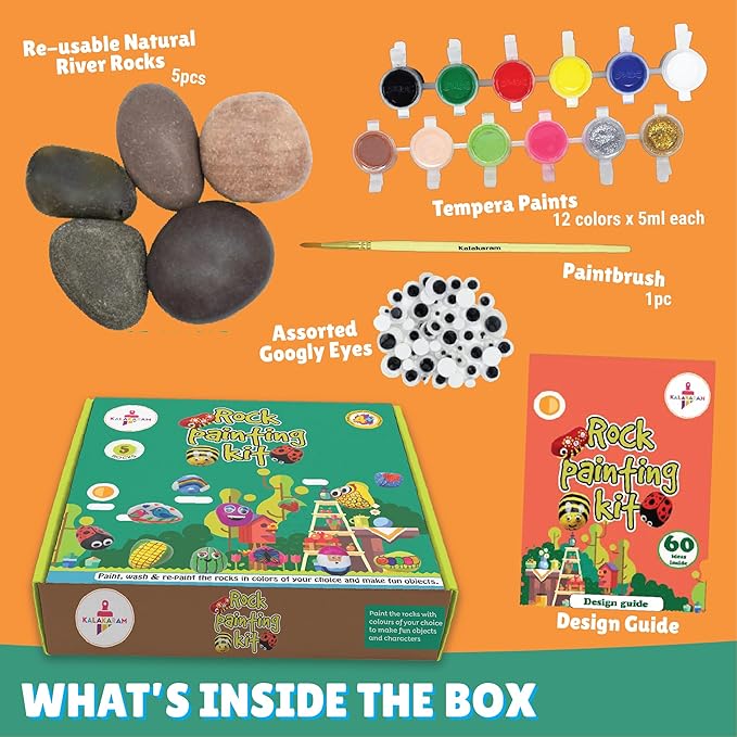 Kalakaram Diy Rock Painting Kit | Comes With 5 Re-usable Rocks | Diy Painting Set With Washable Paint and Stones | Activity Kit for Kids