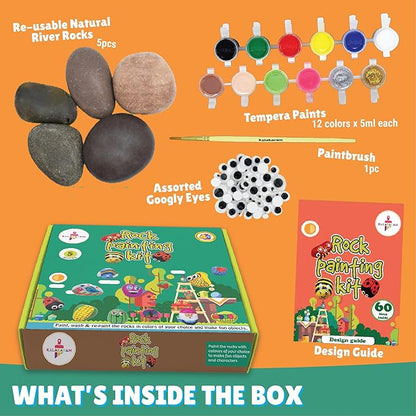 Kalakaram Diy Rock Painting Kit | Comes With 5 Re-usable Rocks | Diy Painting Set With Washable Paint and Stones | Activity Kit for Kids