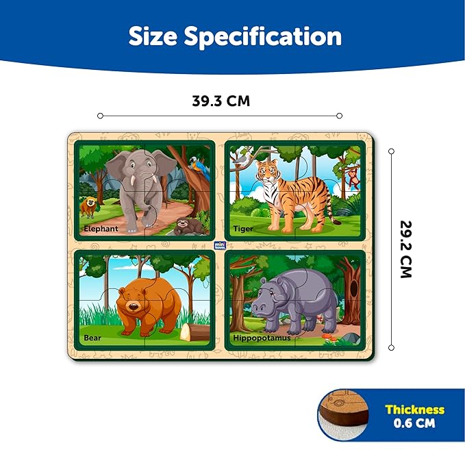 Mini Leaves Four 4 Piece Animal Jumbo Pieces Wooden Puzzle Set of 4 Chunky Animal Jigsaw Puzzle for Kids | Educational Puzzle Game