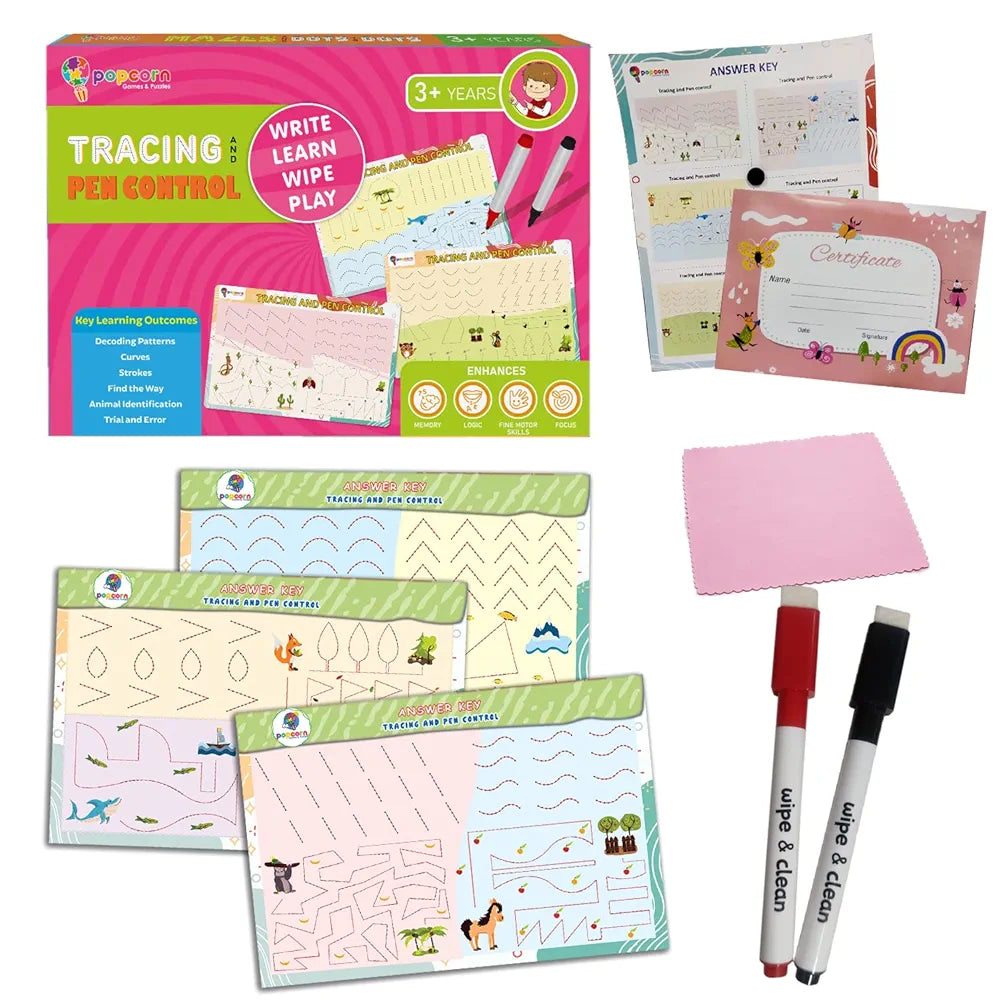 Popcorn Games & Puzzles Tracing and Pen Control | Reusable Activity Mats with 2 Marker Pens | Gifts & Creative Learning for Ages 3-6