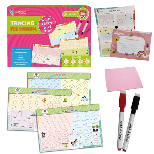 Popcorn Games & Puzzles Tracing and Pen Control | Reusable Activity Mats with 2 Marker Pens | Gifts & Creative Learning for Ages 3-6