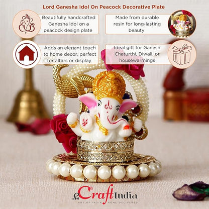 Ecraftindia Resin Lord Ganesha Idol on Peacock Decorative Plate | Ganesha Idol for Home Decor