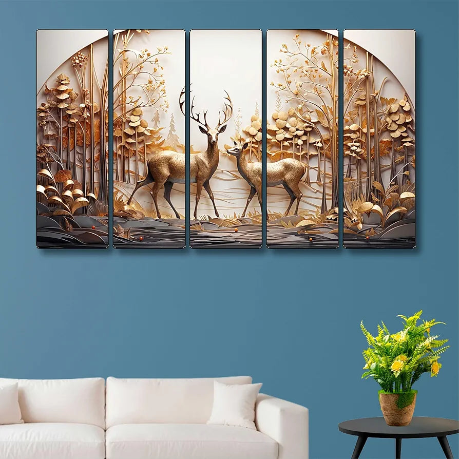 Livin'luxe Set of 5 Couple Deer with Vastu Money Tree Wall Painting Xl35371