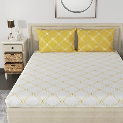Huesland by Ahmedabad Cotton 186 Tc Bedsheet for King Size Bed With 2 Pillow Covers | White & Yellow