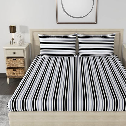 Huesland by Ahmedabad Cotton 186 TC King Size Bedsheet Cotton with 2 Pillow Covers | Stripes Black & Grey