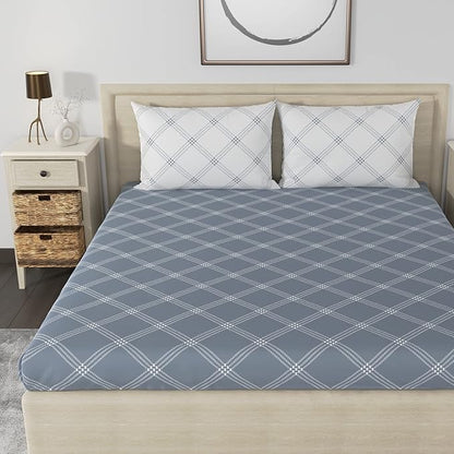 Huesland by Ahmedabad Cotton 186 TC Bedsheet for King Size Bed with 2 Pillow Covers | Grey & White