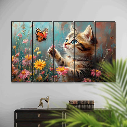 Livin'luxe Cute Kitten Wall Painting Cat & Butterfly Floral Art 5 Panel HD Painting Framed Artwork XL-35433