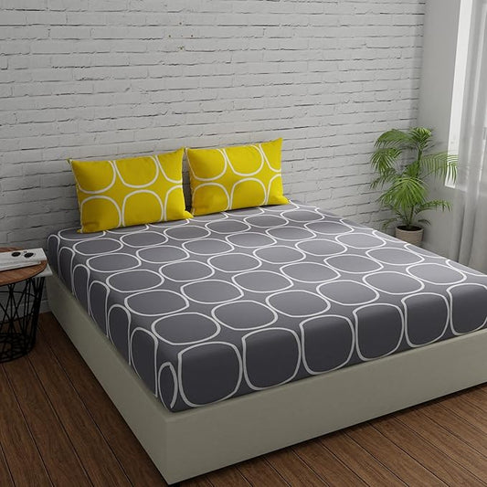 Huesland by Ahmedabad Cotton 144 TC Cotton Bedsheet for Double Bed King Size with 2 Pillow Covers | Grey & Yellow