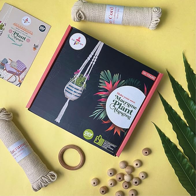 Kalakaram Diy Macrame Plant Hanger Making Kit | Pot Holder Diy Making Kit for Home | Rope With Beads and Wooden Stick