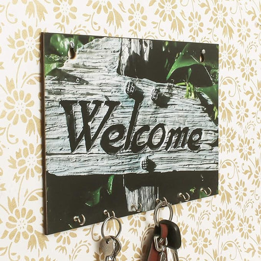 Ecraftindia Welcome Theme Wooden Key Holder With 6 Hooks