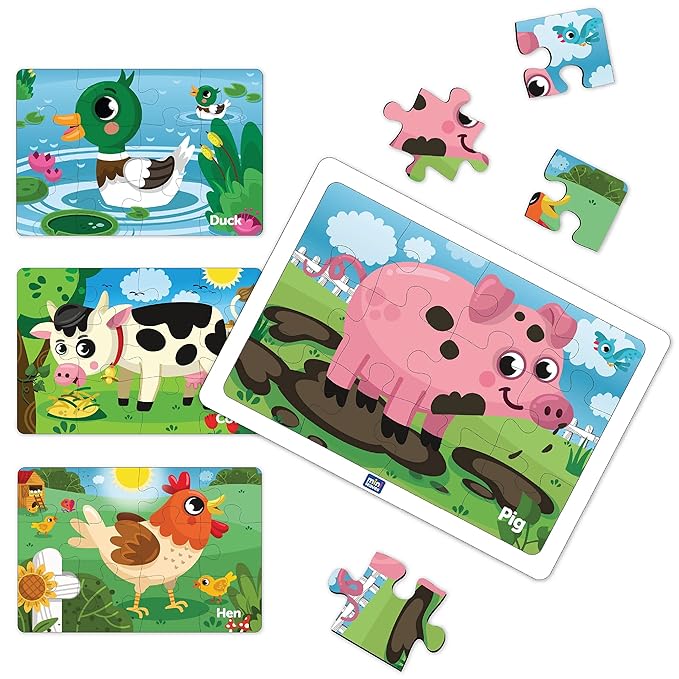 Mini Leaves 48 Piece Jigsaw Puzzle for Kids | Farm Animals | 4 in 1 Wooden Puzzles for Kids | Educational Toys for Kids