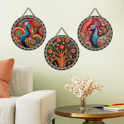 Artvibes Decorative Peacock Art Wooden Wall Hanging Decoration Items for Home | Set of 3