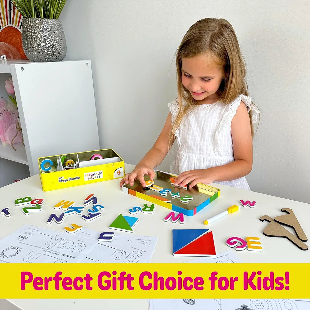 Butterfly EduFields 90+ Pcs Magnetic Alphabets for kids ages 3 4 5 years | Metal Box for Gifting | Magnetic Letters Numbers Tangram Shapes Puzzles | Best educational birthday Gift Pack for Boys &Girls