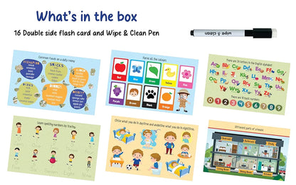 Cognitive Skills Flash Cards for Kids Early Learning Reusable 16 Flashcards for 3+ Years| Improve The Mental Skills | Fun & Easy Learning Way for Preschoolers | Wipe & Clean Marker Pen