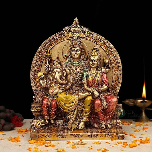 Indicast 8" Inch Cold Cast Resin Shiva With Ganesh & Parwati Showpiece Antique Decor | Metal Finish