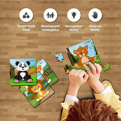 Mini Leaves Wild Animal 4-in-a-box Wooden Puzzles With 4, 6, 9, and 12 Pieces | Difficulty Level Grows With Kids