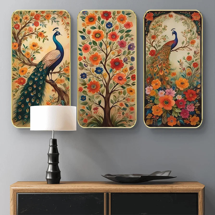 Livin'luxe Set of 3 Peacock Modern Art Boho Painting Premium Framed Laminated Wall Paintings SP-22