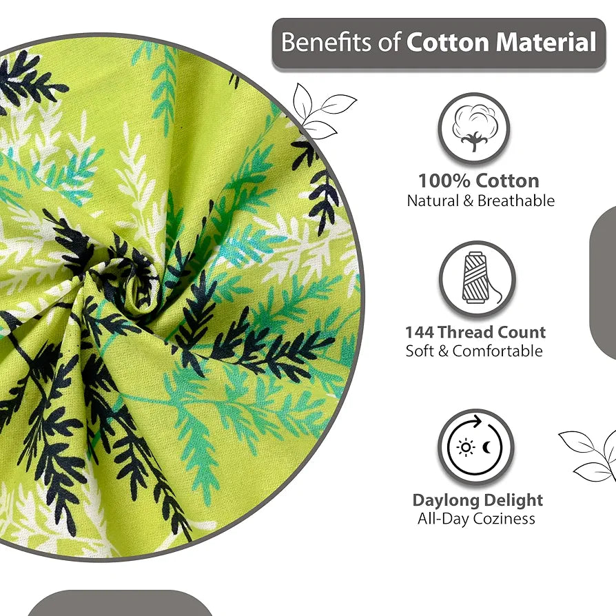 Divine Casa 144 TC 100% Cotton Single Bedsheet with 1 Pillow Cover Floral Pattern Colour Lime Breeze Fresh Green