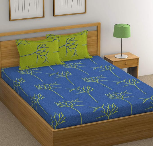 Huesland by Ahmedabad Cotton 144 TC Cotton King Size Bedsheet with 2 Pillow Covers - Green & Blue