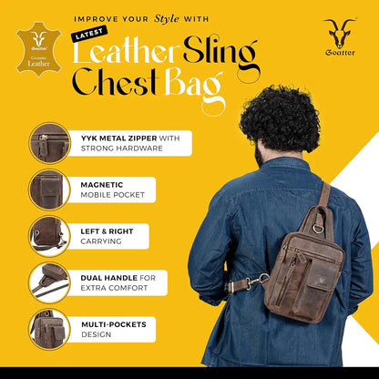 Goatter Genuine Leather Chest Crossbody Sling Backpack Bag Travel Bike Gym Daypack for Men And Women