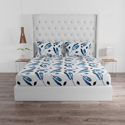 Huesland by Ahmedabad Cotton 144 TC Cotton King Size Bedsheet with 2 Pillow Covers - White & Blue