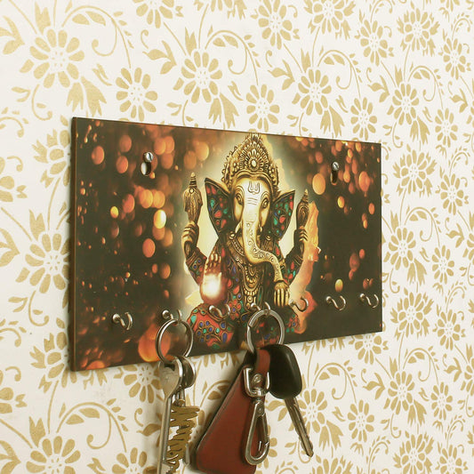 Ecraftindia Lord Ganesha Theme Wooden Key Holder for Wall With 7 Key Hooks