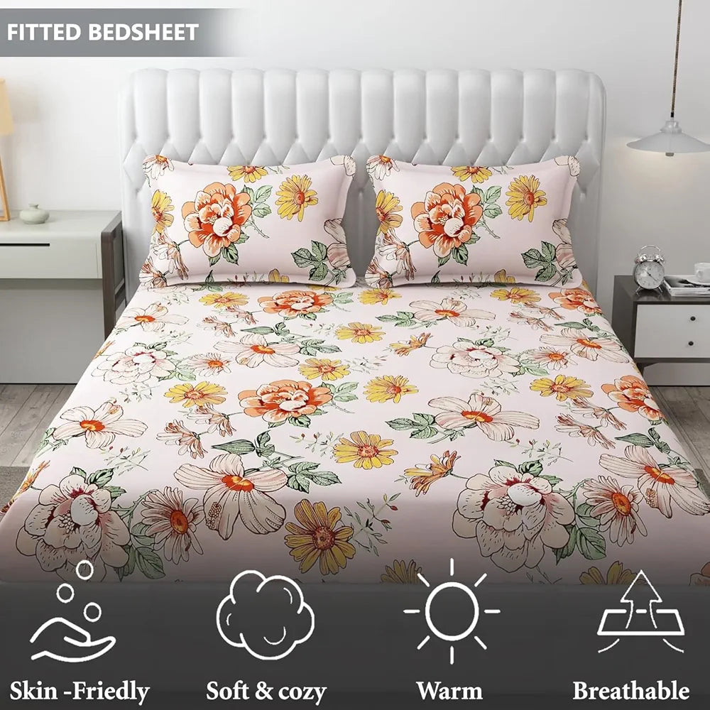 Fresh From Loom Elastic Fitted Floral Bed Sheets Bed Covers for Mattresses Tuck in King Size with Two Pillow Cover 144 TC Soft Pink