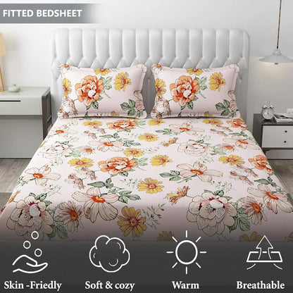 Fresh From Loom Elastic Fitted Floral Bed Sheets Bed Covers for Mattresses Tuck in King Size with Two Pillow Cover 144 TC Soft Pink