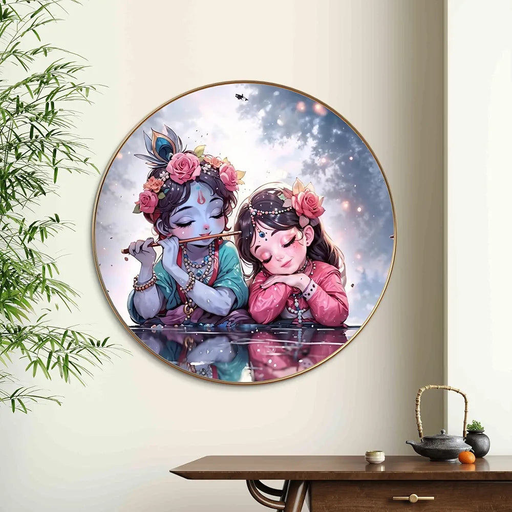 Livin'luxe Paintings Krishna and Radha Childhood Bliss Wall Painting with Frame - Sparkle Glossy Round Golden Framed Large