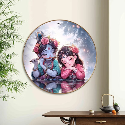 Livin'luxe Paintings Krishna and Radha Childhood Bliss Wall Painting with Frame - Sparkle Glossy Round Golden Framed Large