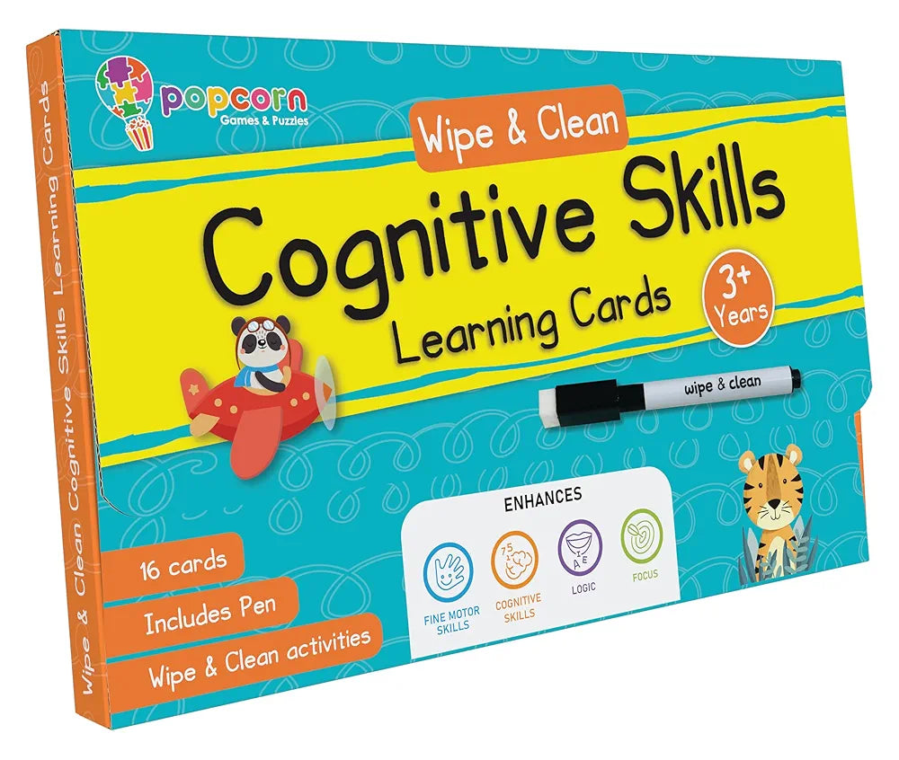 Cognitive Skills Flash Cards for Kids Early Learning Reusable 16 Flashcards for 3+ Years| Improve The Mental Skills | Fun & Easy Learning Way for Preschoolers | Wipe & Clean Marker Pen