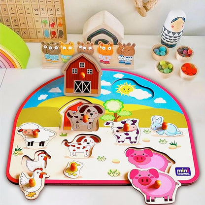 Mini Leaves Animal Barnyard Wooden Pegged Puzzle for 2+ Years Kids | Montessori Wooden Toys | Shape Sorter