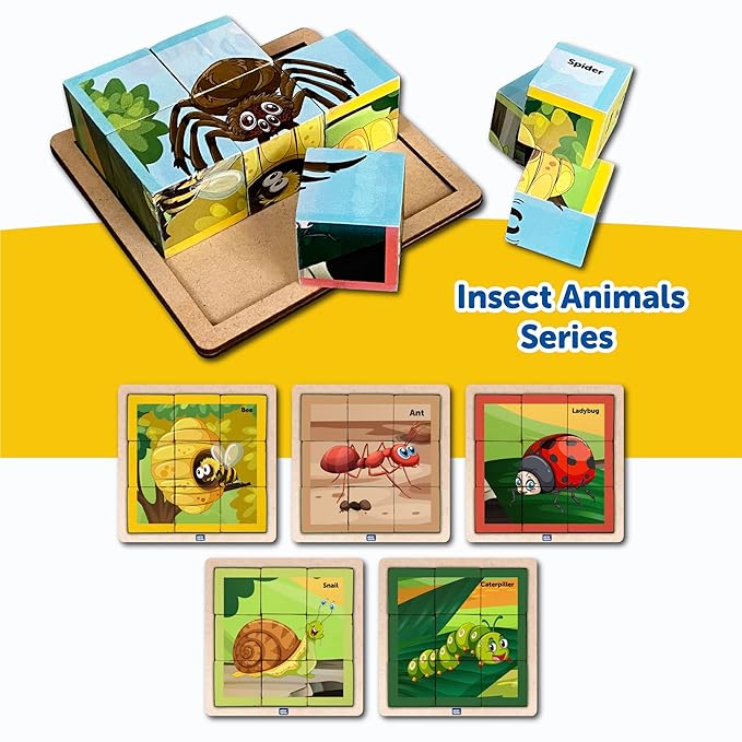 Mini Leaves 6 in 1 Insects Animals Wooden Cube Puzzle for Kids 3+ Years | Wooden Blocks 6 Sides With 6 Animal With Storage Tray