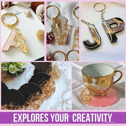 Craftinger Diy Resin Alphabet Keychain Making Kit With 200gm Epoxy Resin & Coaster Mould, Glitter Pigments and More | Multicolor