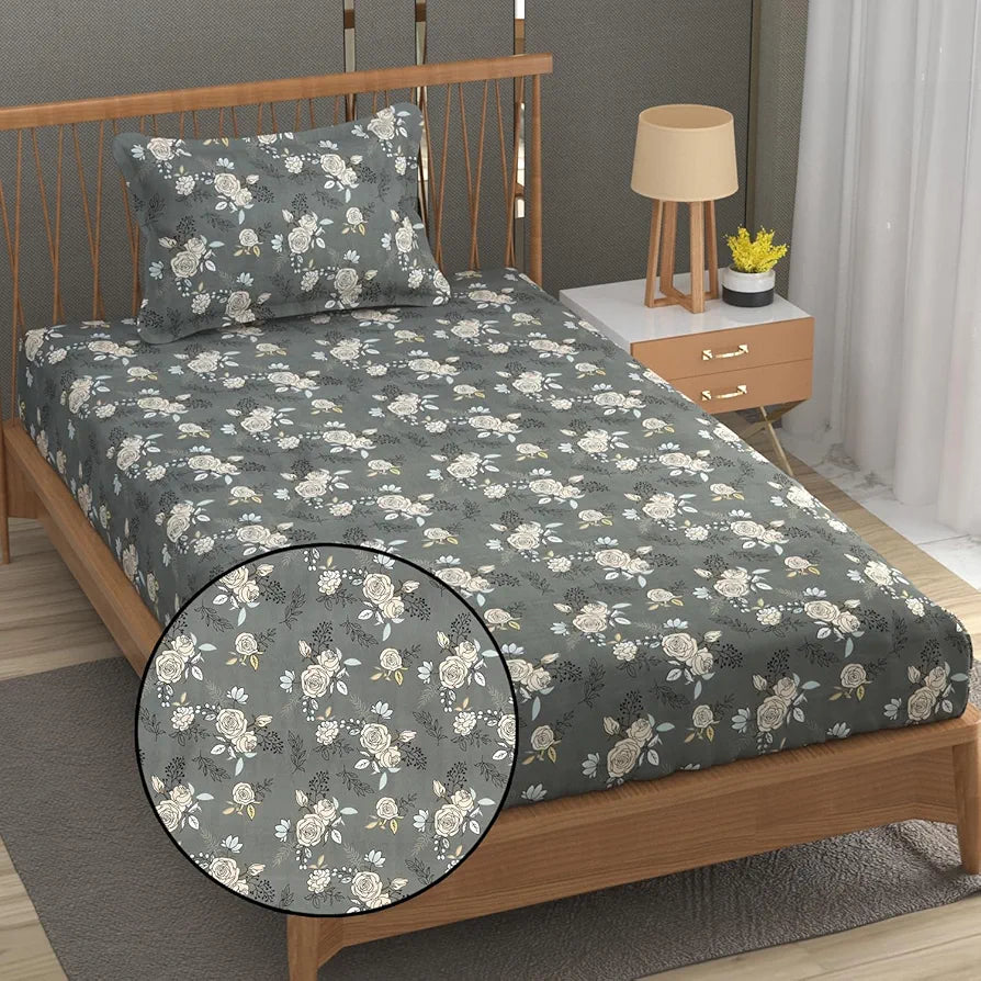 Fresh From Loom Single Bed Microfiber Bedsheet with Floral Print 240 TC 1 Pillow Covers Rose-Oslo-Grey