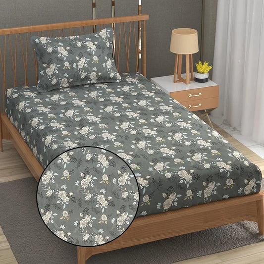 Fresh From Loom Single Bed Microfiber Bedsheet with Floral Print 240 TC 1 Pillow Covers Rose-Oslo-Grey