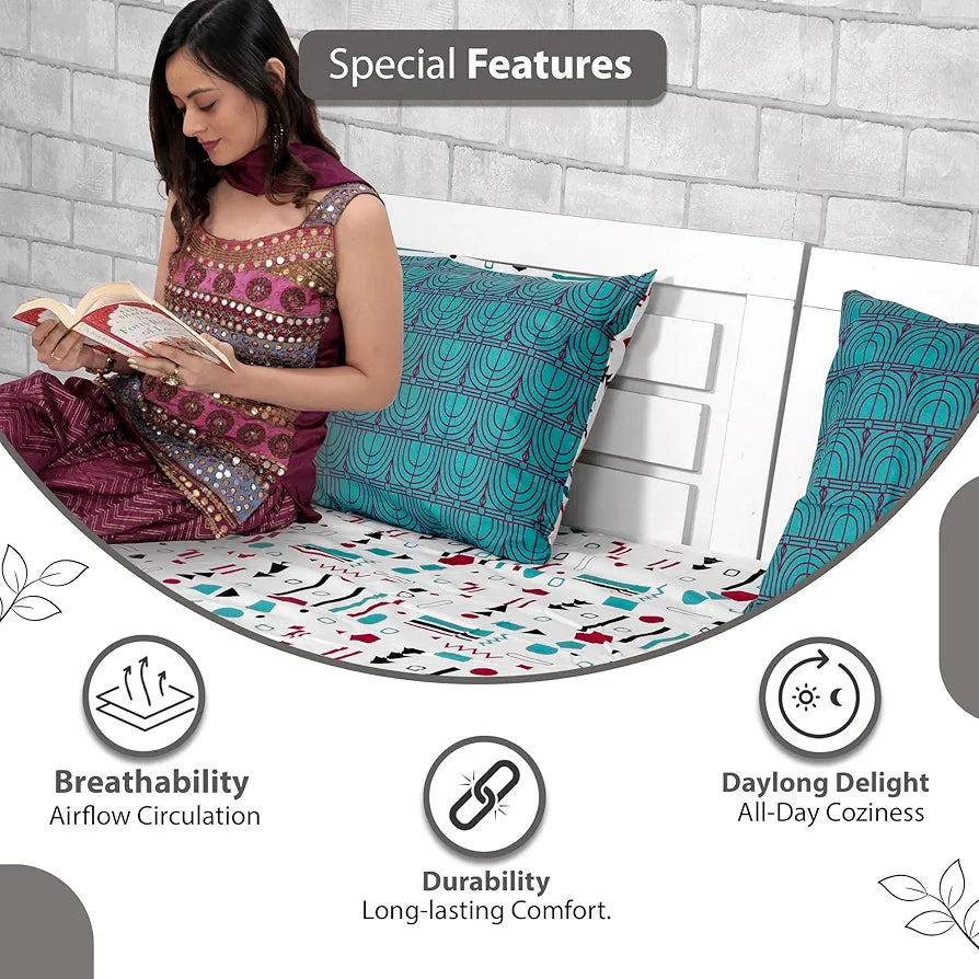 Divine Casa 144 TC Cotton Bedsheet for Single Bed with 1 Pillow Cover Colour Teal & White