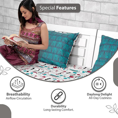 Divine Casa 144 TC Cotton Bedsheet for Single Bed with 1 Pillow Cover Colour Teal & White