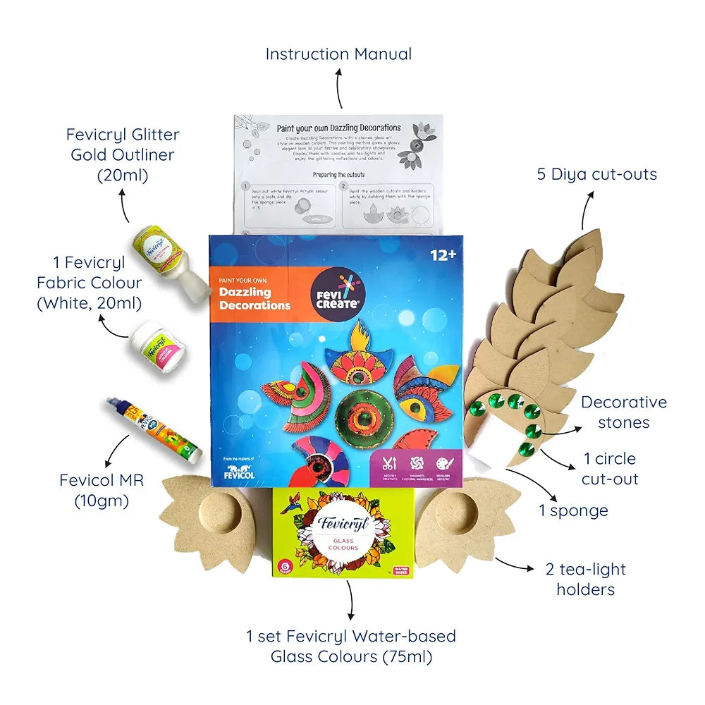 Fevicreate Dazzling Decoration Kit | Paint Your Own Festive Decoration | Contains Diya Cut-Outs, Tea-Light Holders, Decorative Stones & More | by Fevicol | Decorative Items for Festive and Gifting
