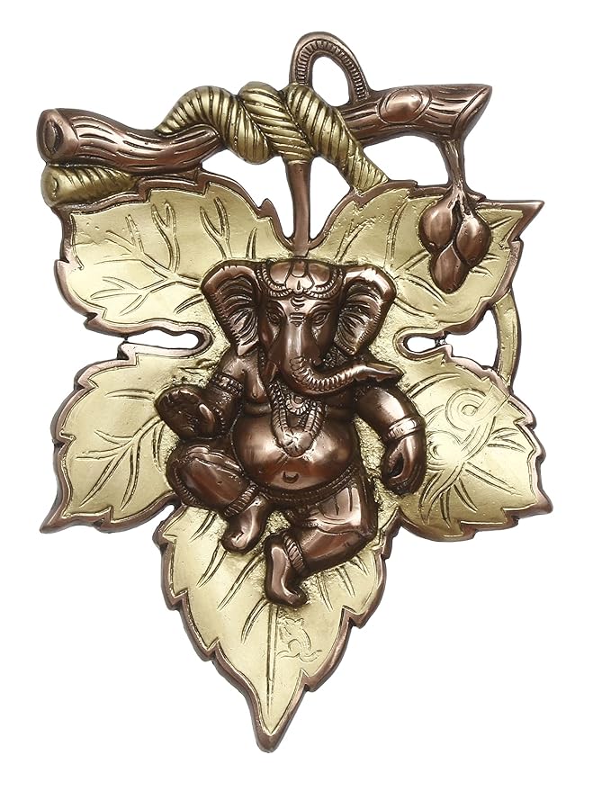 Ecraftindia Golden and Copper Finish Lord Ganesha on Creative Leaf Metal Wall Hanging | Decorative Hindu God Idol for Home