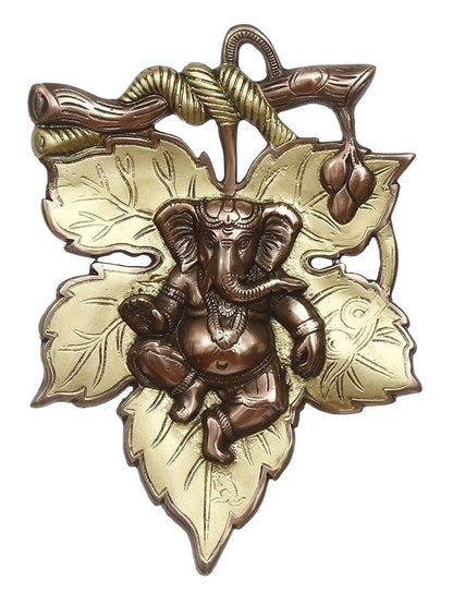 Ecraftindia Golden and Copper Finish Lord Ganesha on Creative Leaf Metal Wall Hanging | Decorative Hindu God Idol for Home