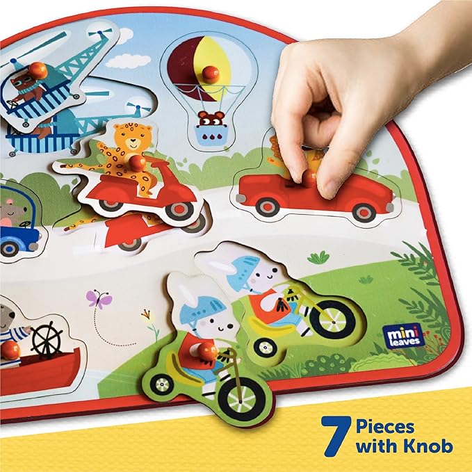 Mini Leaves Vehicles on the Go Wooden Pegged Puzzle for 2+ Years Kids | Montessori Wooden Toys | Shape Sorter