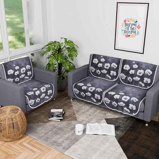 Kuber Industries Set of 6 Durable 2+1 Seater Sofa Covers Lotus Print Grey