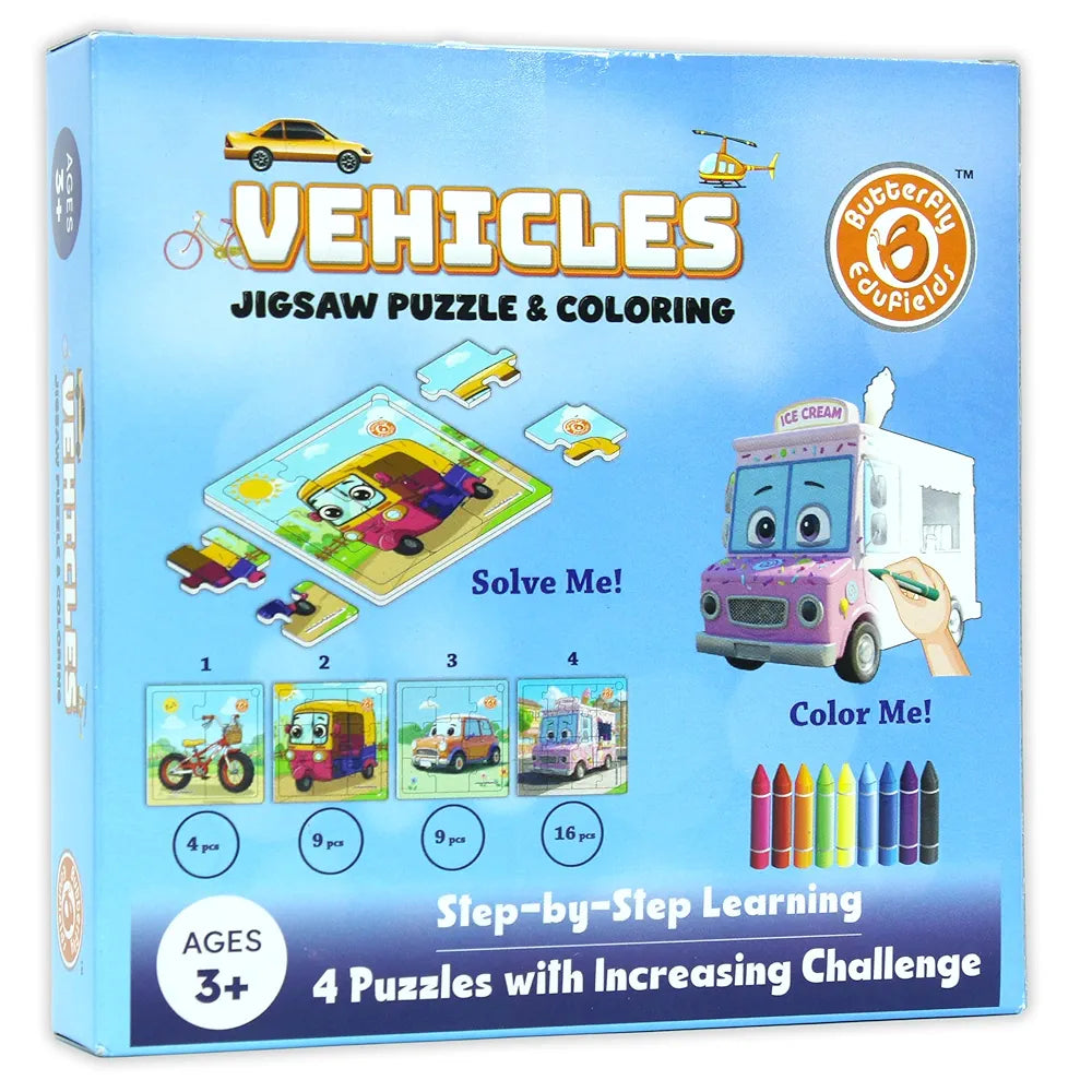 Butterfly EduFields 4-in-1 Vehicles Jigsaw Puzzle Set for Kids Age 3-7 | 38 Pcs Brain-Boosting Puzzle Toy with Coloring Worksheets for Boys & Girls | Preschool Learning